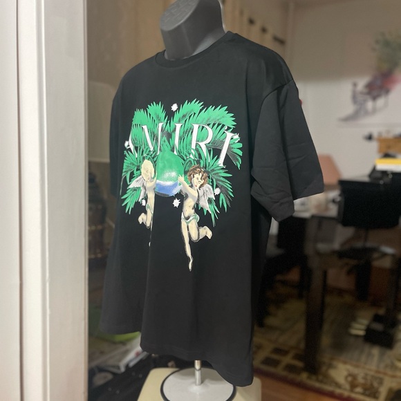 NWT Men’s Size Large AMIRI Airbrush Cherub Print Tee 100% Cotton In Black/Green - Picture 8 of 14